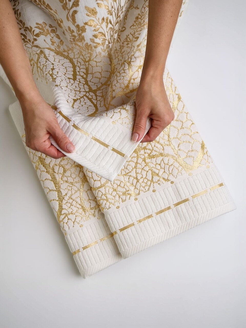 Набор полотенец 2 шт, 50x90, 70x140 см, 100% хлопок, 480 г/м2, Silvano, Эльба, молочный, золотой, Турция