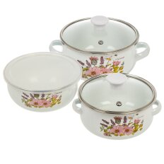 Набор посуды эмалированная сталь, 6 предметов, кастрюли 0.7,1.1 л, салатник 0.7 л, Ботаника, 894-011