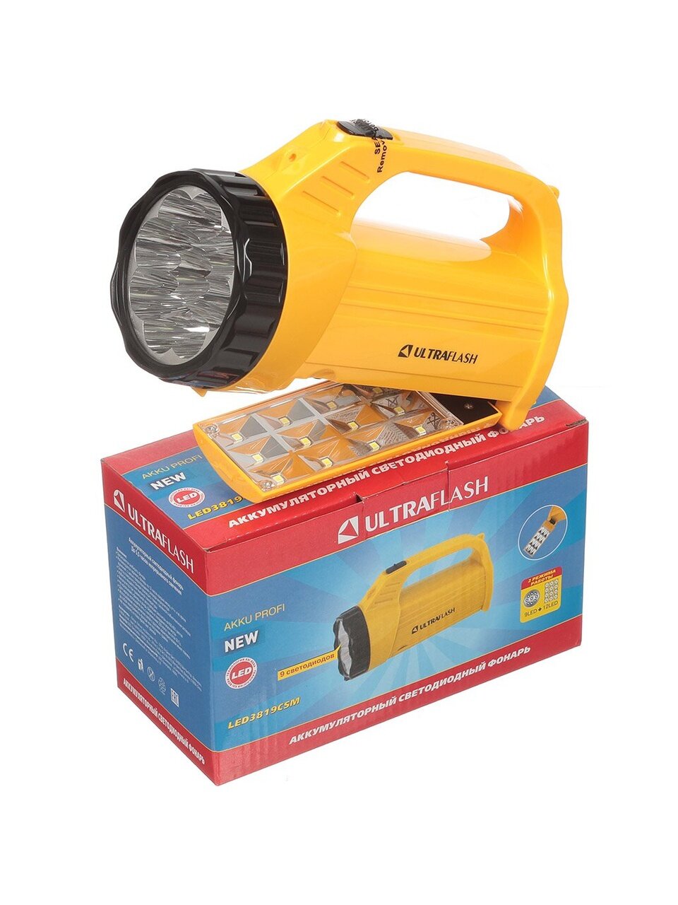 Фонарь ручной, встроенный аккумулятор, прожектор, Ultraflash, 3819CSM, зарядка от сети 220 В, пластик, желтый, 12860