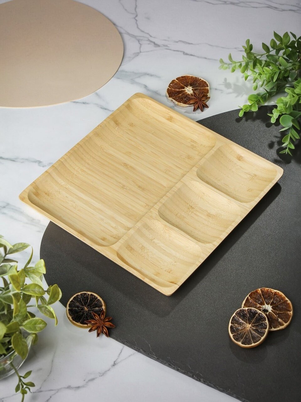 Менажница бамбук, 25x25x1.6 см, 4 секции, PS45425B