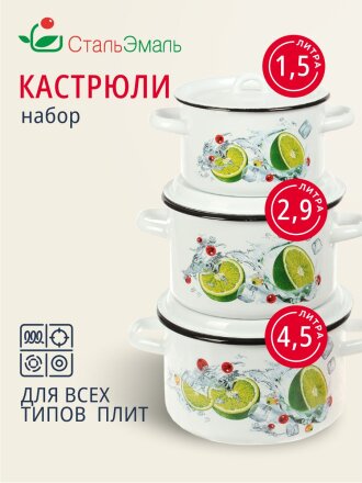 Набор посуды эмалированная сталь, 3 предмета, кастрюли 1.5,2.9,4.5 л, индукция, СтальЭмаль, Мохито, 1с33