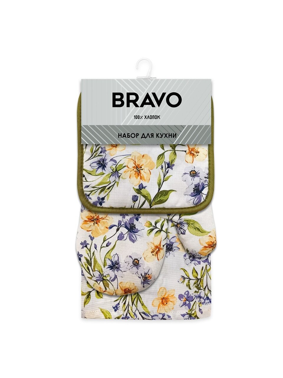 Набор кухонный 3 шт, 17х17 см + 18х26 см + 35х60 см (варежка, прихватка, полотенце), 100% хлопок, Bravo, Цветы