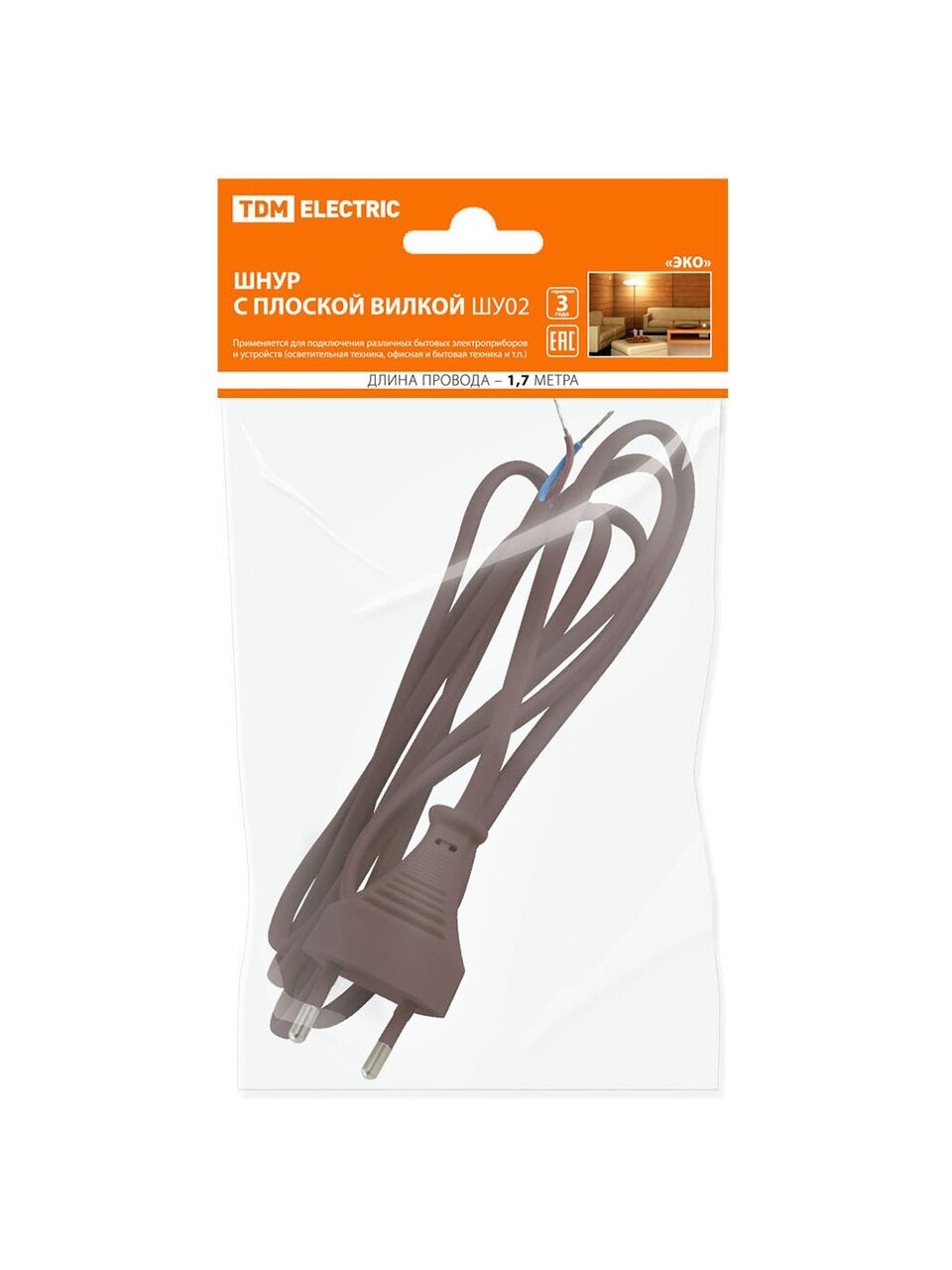 Шнур с плоской вилкой ШВВП 2х0.75 мм², 1.7 м, коричневый, TDM Electric, ШУ02 ЭКО, SQ1305-0016
