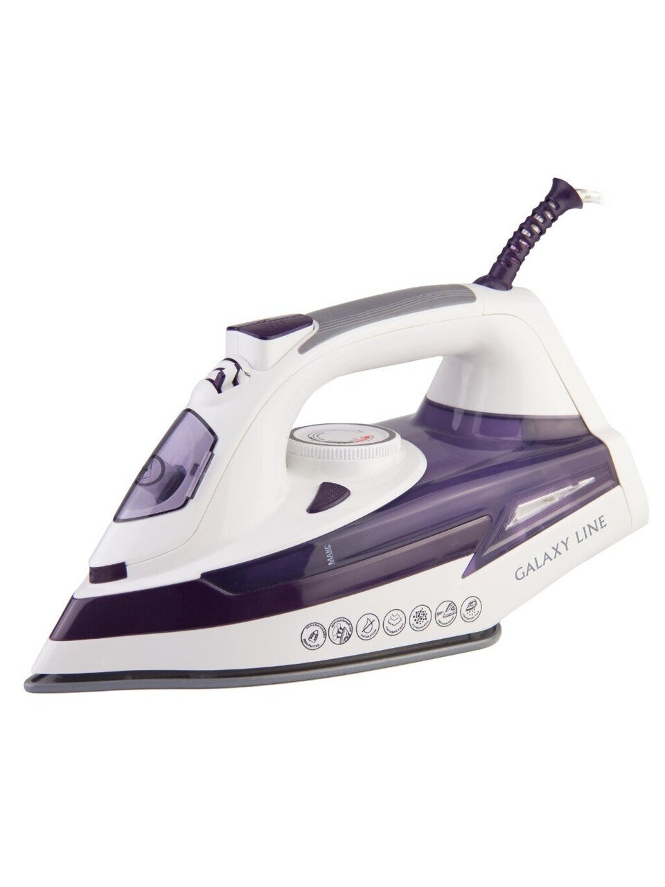 Утюг Galaxy Line, GL 6106, 2200 Вт, керамика, вертикальное отпаривание, противокапельная система, защита от накипи, 1.8 м, бело-фиолетовый
