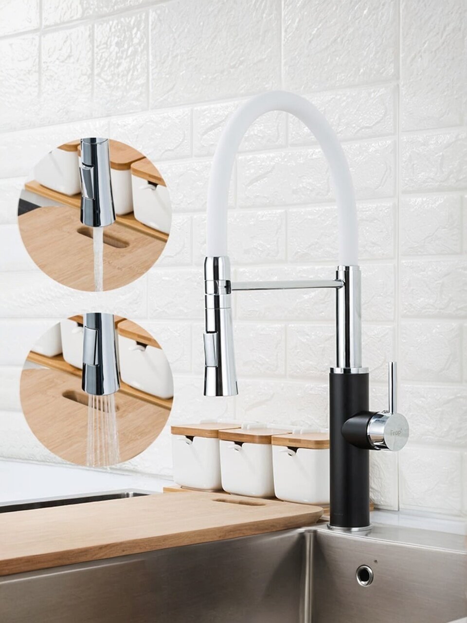 Смеситель для кухни, Frap, гибкий излив, с картриджем, черно-белый, F4452-7