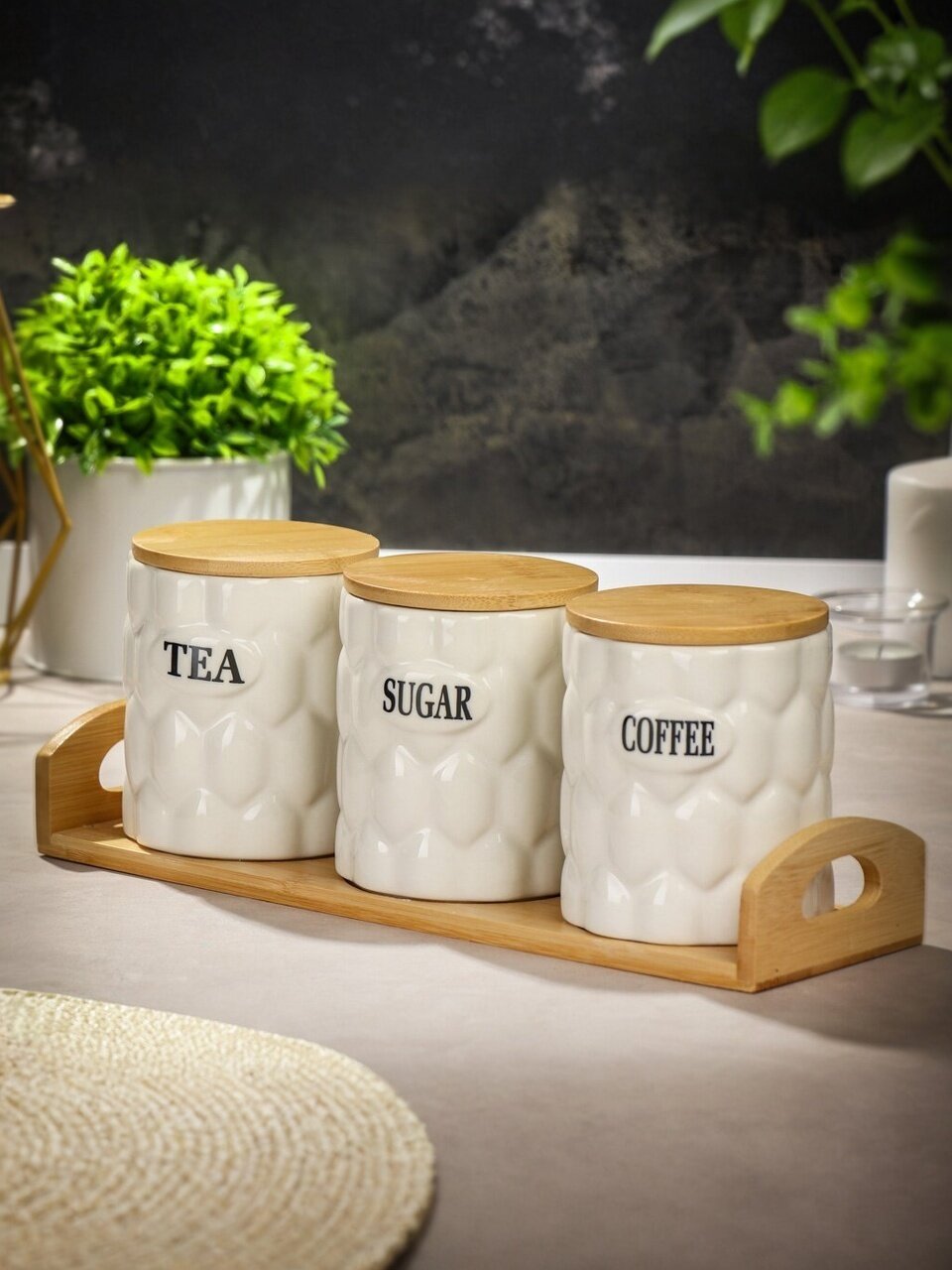 Банка для сыпучих продуктов, керамика, 10х10х11.6 см, 3 шт, с крышкой, на бамбуковой подставке, Y4-6266