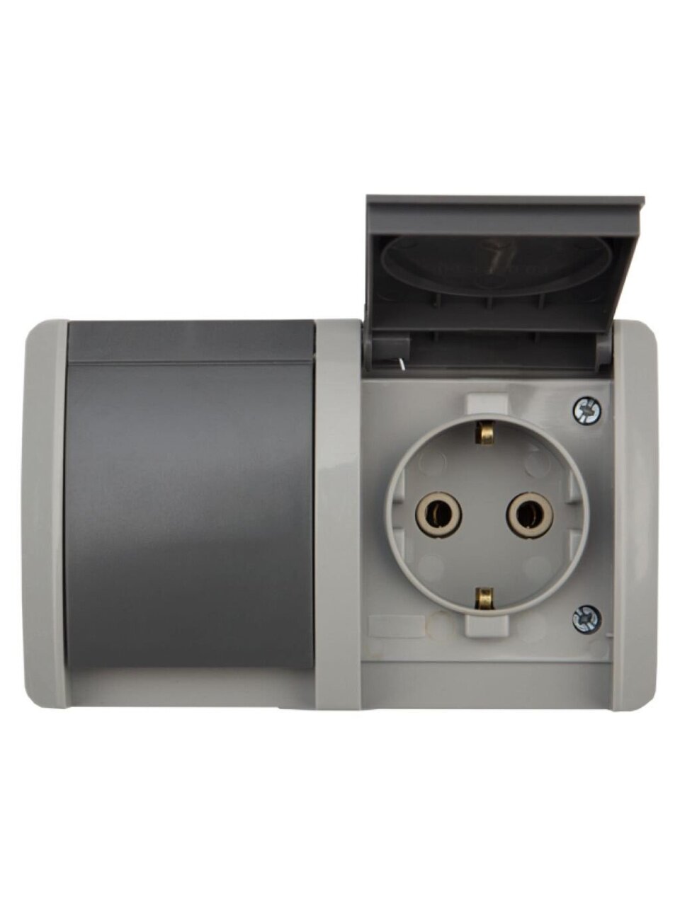 Розетка открытой установки, 2 гнезда, с заземлением, 16 А, 220-250 В, пластик, IP54, серая, Kranz, INDUSTRIAL, KR-78-0613