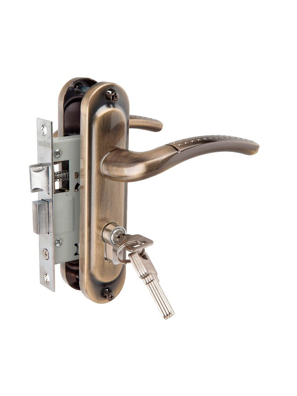 Замок врезной Vrata, 50/106-ЦМ70, 210278, ручка в комплекте, цилиндровый, универсальный, защелка, бронза