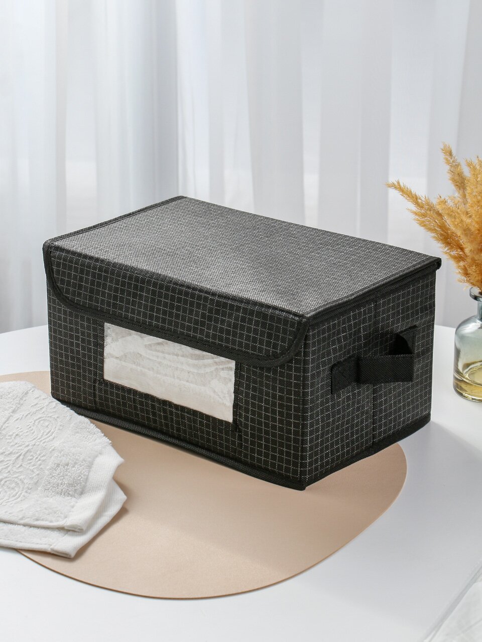 Кофр для хранения, с крышкой, складной, 29х19х15 см, черная клетка, с окном, A190057