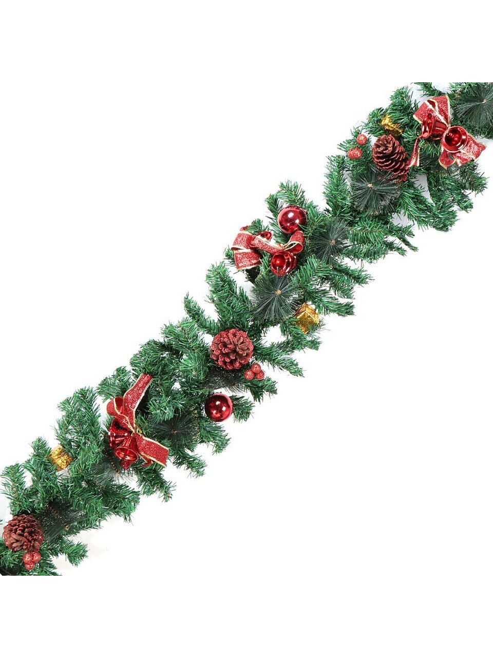 Гирлянда хвойная 200х30 см, с колокольчиками, шариками, подарками, шишками, SYCW18B-201