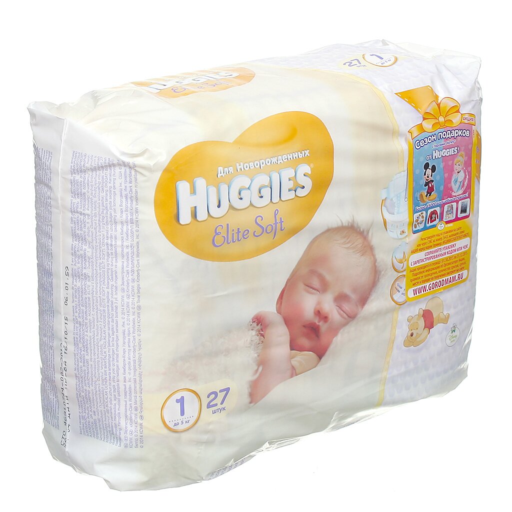 Подгузники детские Huggies, Elite Soft, 1, 0 - 5 кг, 27 шт, унисекс