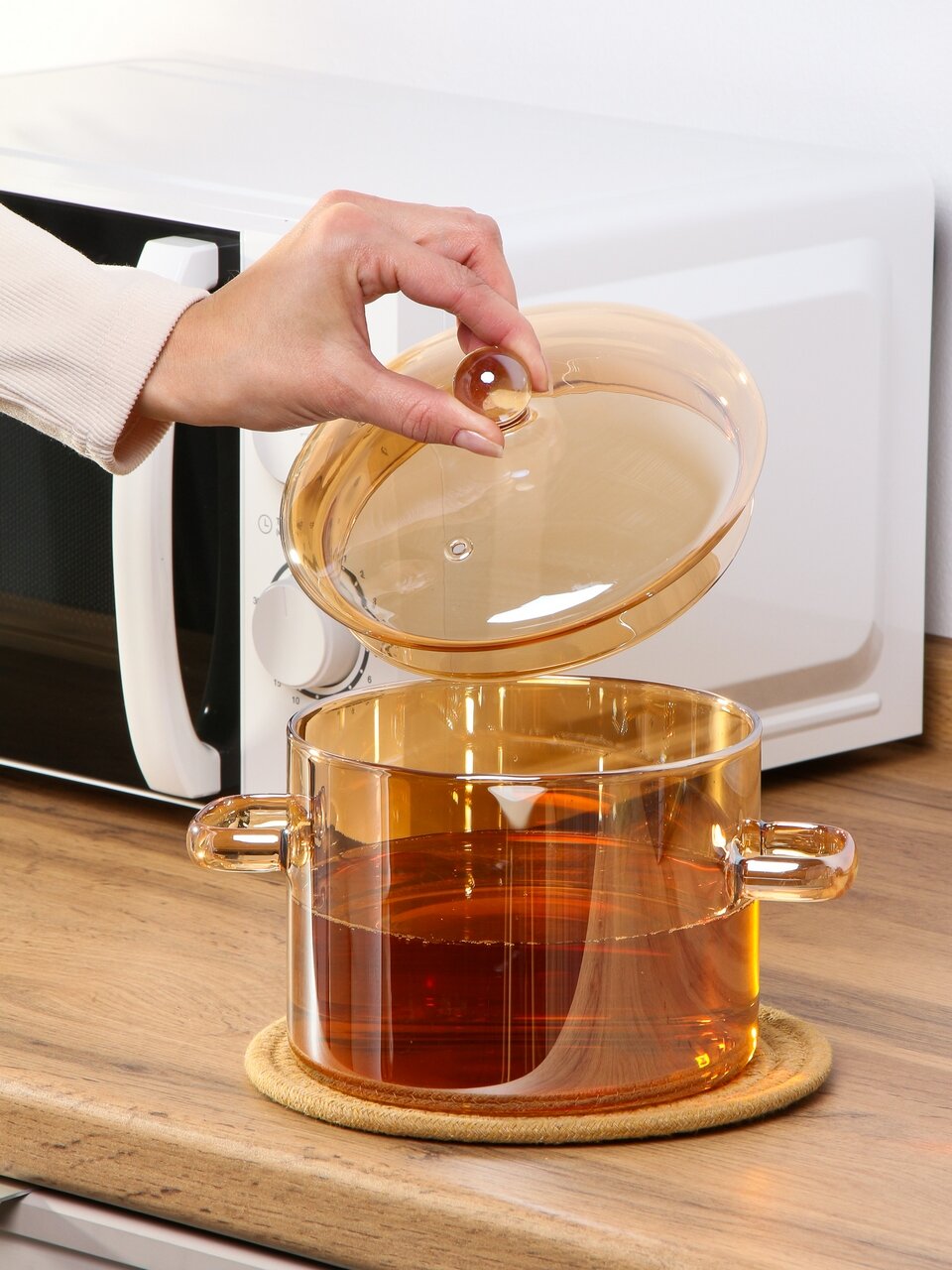 Кастрюля стекло, 1.9 л, крышка стекло, для СВЧ, духовок и электрических плит, B150078, мед