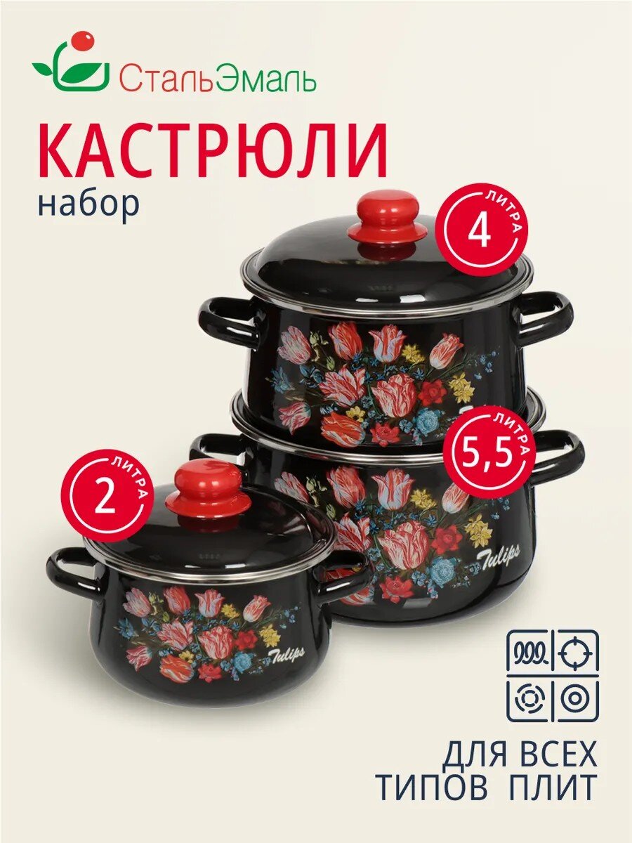 Набор посуды эмалированная сталь, 6 предметов, кастрюли 2,4,5.5 л, индукция, СтальЭмаль, Букет тюльпанов, 1с408