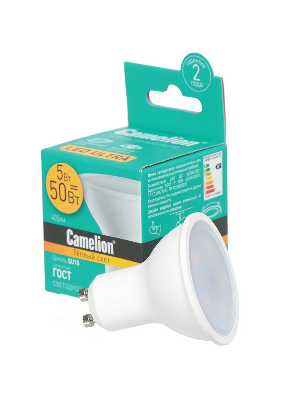 Лампа светодиодная GU10, 5 Вт, 50 Вт, 220 В, рефлектор, 3000 К, теплый белый свет, Camelion, 10956