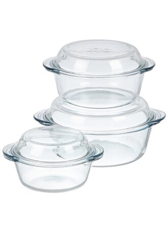 Набор форм для запекания жаропрочное стекло, 3 шт, 0.84, 1.45, 2.1 л, круглый, с крышкой, Borcam, 159021