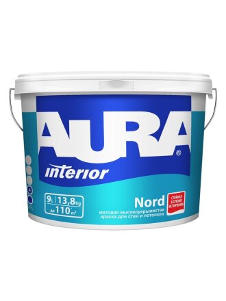 Краска водно-дисперсионная, Aura, Nord, акриловая, интерьерная, матовая, 9 л