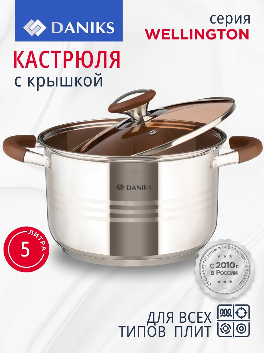 Кастрюля нержавеющая сталь, 5 л, крышка стекло, Daniks, Веллингтон, GS-01415-22CA, индукция