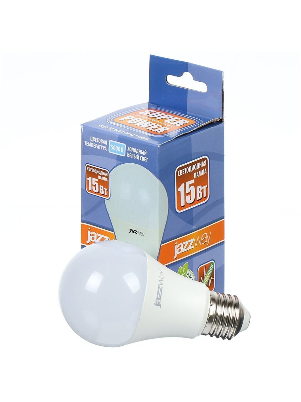 Лампа светодиодная E27, 15 Вт, 150 Вт, груша, 5000 К, холодный белый свет, JazzWay, PLED- SP A60