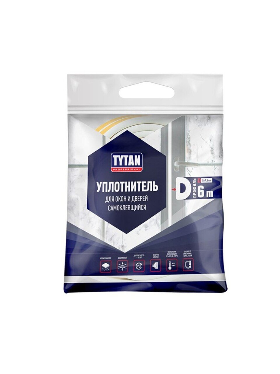 Уплотнитель D, самоклеящаяся основа, 9х7.5 мм, 6 м, белый, Tytan, 19460