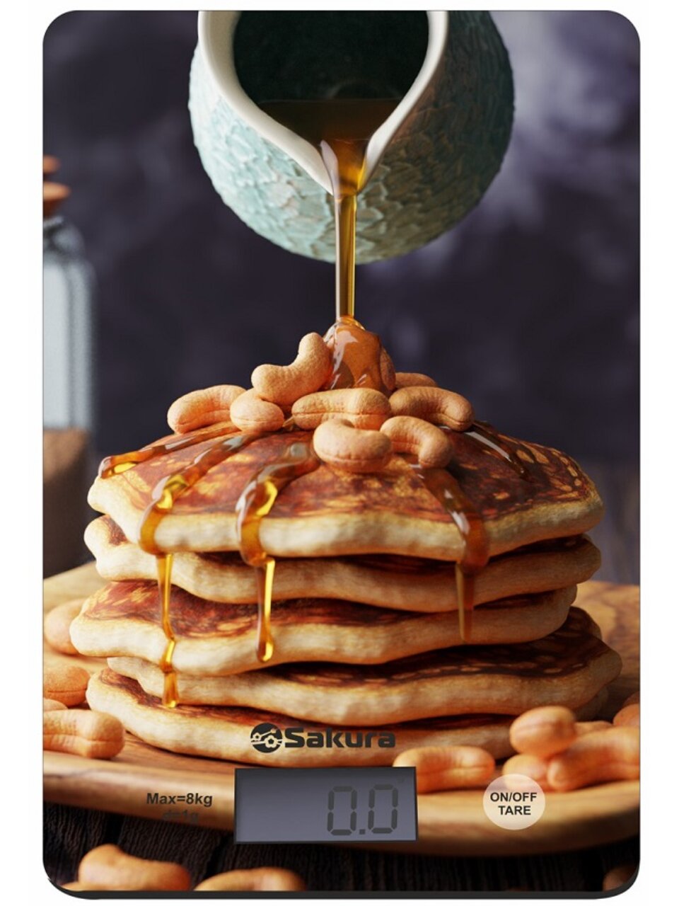 Весы кухонные электронные, стекло, Sakura, платформа, точность 1 г, до 8 кг, панкейки, SA-6077P
