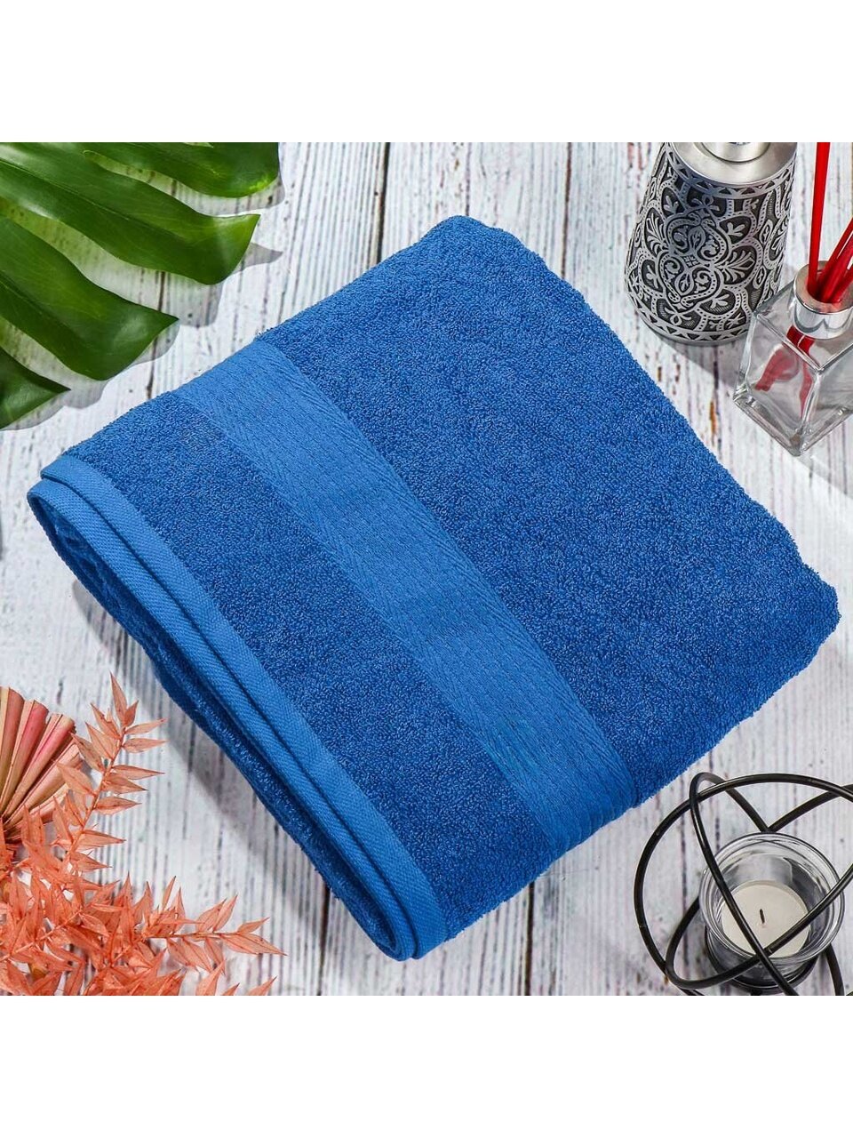 Полотенце банное 100х150 см, 100% хлопок, 350 г/м2, жаккардовый бордюр, Вышневолоцкий текстиль, сапфировое, 632, Россия