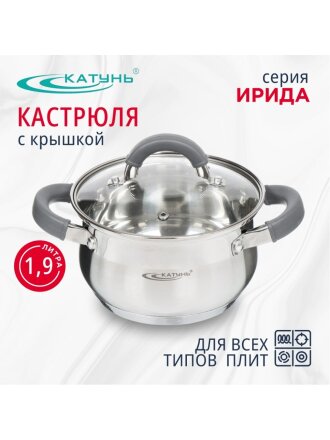 Кастрюля нержавеющая сталь, 1.9 л, крышка стекло, Катунь, Ирида, КТ08-D-16, индукция
