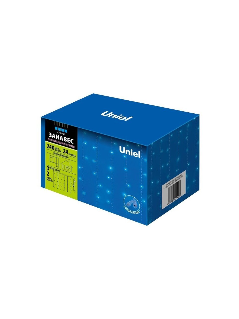 Занавес светодиодный 240 ламп, 3х2 м, 1 режим, Uniel, свет синий, прозрачный, с эффектом мерцания, соединяемый, сетевой, UL-00007215