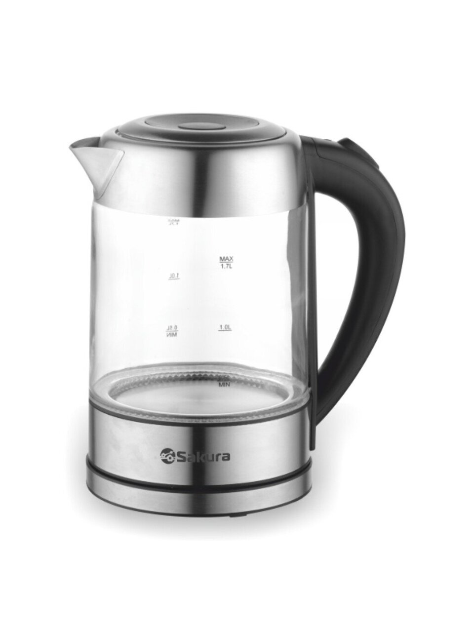 Чайник электрический Sakura, SA-2720SBK, 1.7 л, 1850-2200 Вт, скрытый нагревательный элемент, стекло