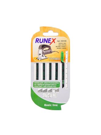 Набор пилок для электролобзика, Runex, T119BO, по дереву, ДСП, фанере, пластику, оргстеклу, 5 шт, криволинейный рез, 555109