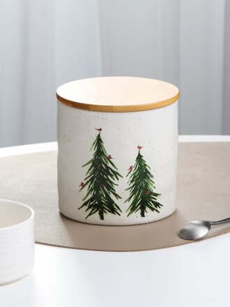 Банка для сыпучих продуктов, керамика, бамбук, 1 л, 12.2х12 см, с крышкой, Елка, Y4-9689