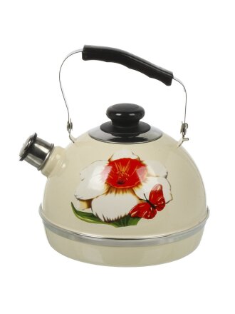 Чайник сталь, эмалированное покрытие, 3.5 л, со свистком, подвижная ручка, Рубин, Нарцисс, слоновая кость, TM04/35/04/07