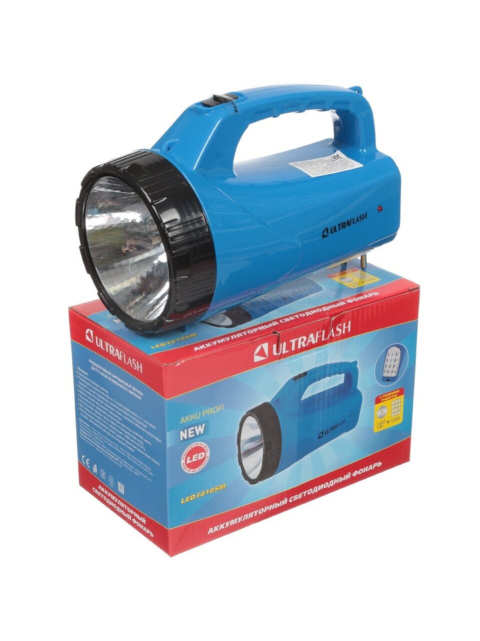 Фонарь ручной, встроенный аккумулятор, Ultraflash, 3818SM, зарядка от сети 220 В, пластик, синий, 12889