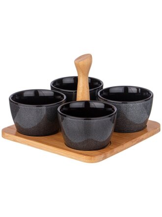 Соусник фарфор, Lefard, Graphite, 175 мл, 19х6.5 см, с ручкой, 4 шт, деревянная подставка, 474-240