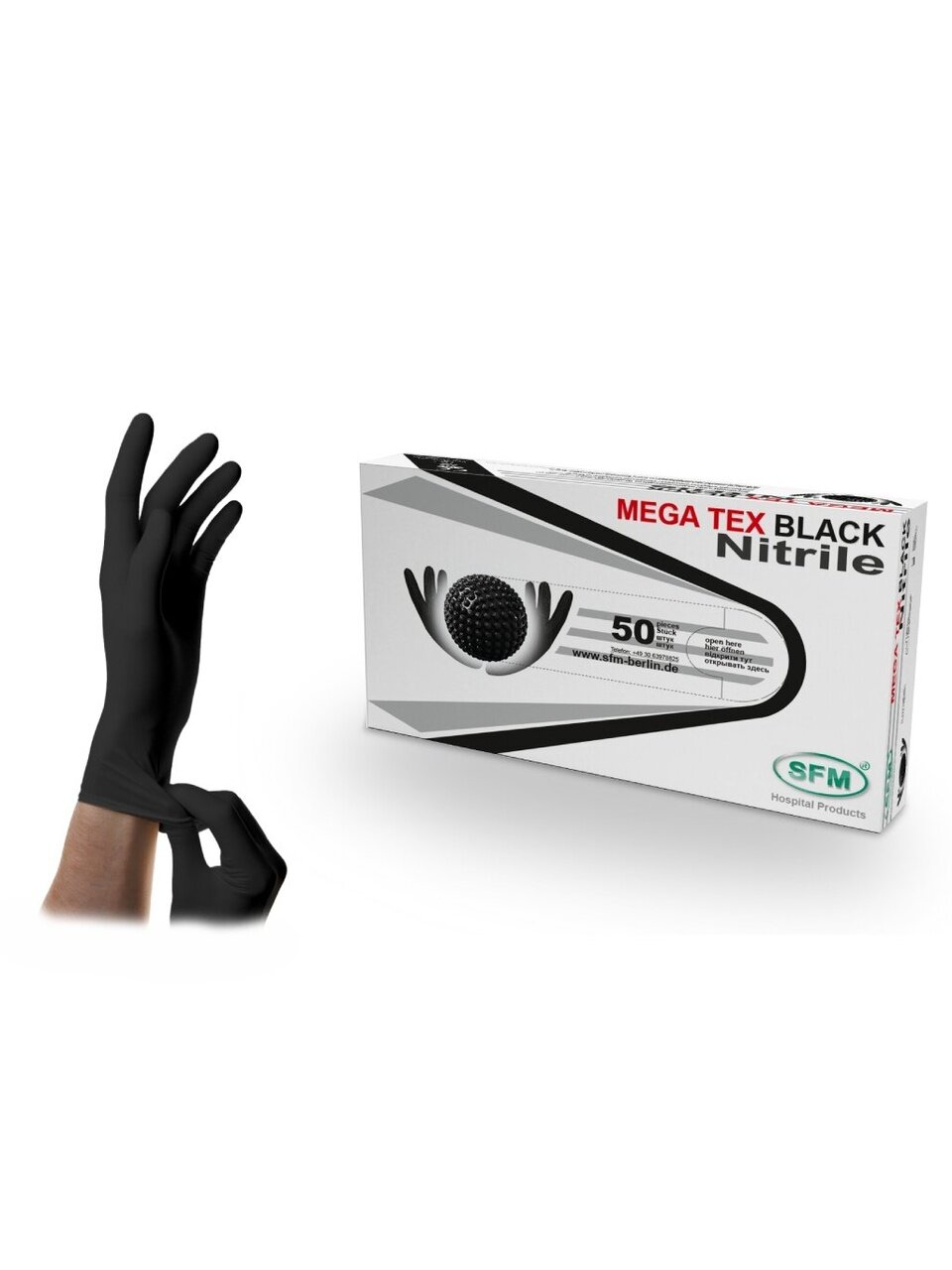 Перчатки нитриловые, размер L, сверхпрочные, 25 пар (50 штук), SFM, Mega Tex Black, Германия