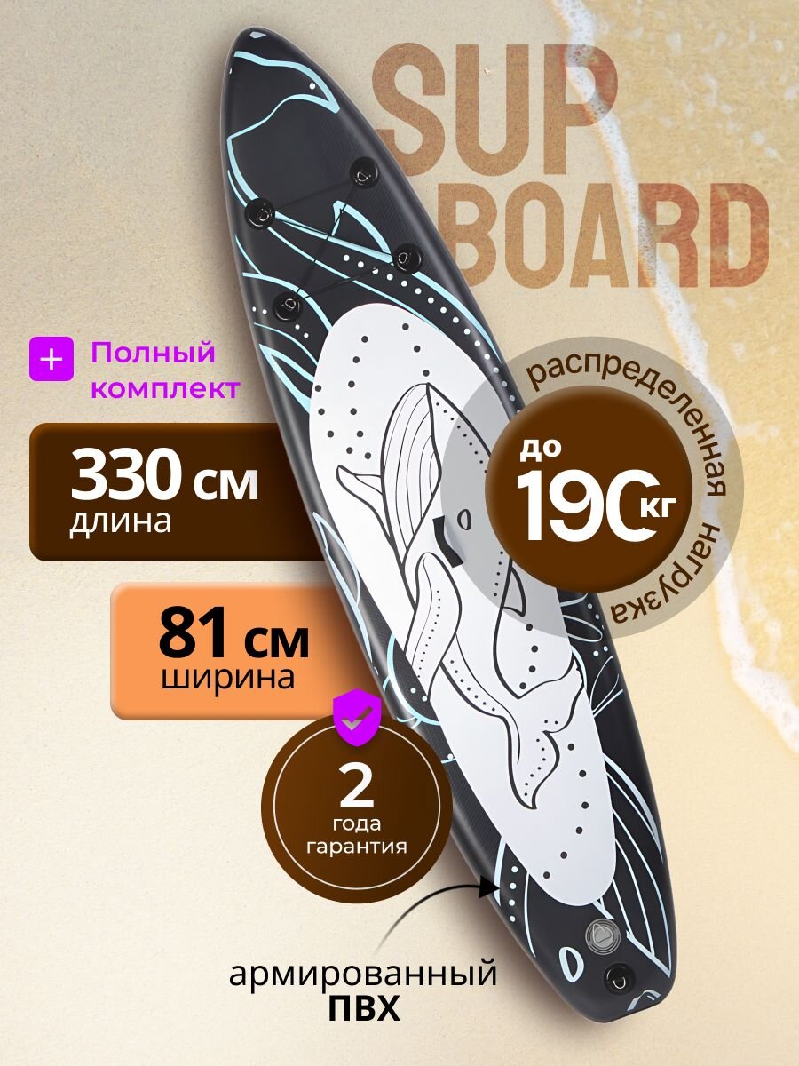 Сап борд надувной 330х81х15 см, одинарный ПВХ, рюкзак, насос, весло и лиш, ремкомплект, 190 кг, SUP005