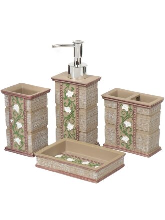 Набор для ванной 4 предмета, Лилия, керамика, стакан, подставка для зубных щеток, дозатор для мыла, мыльница, Y326
