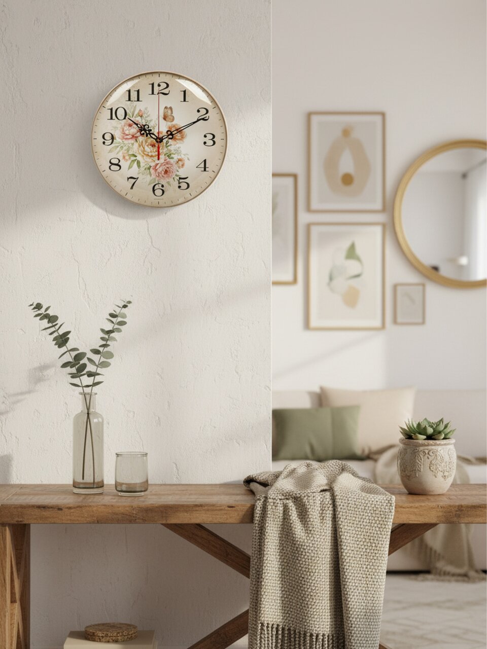 Часы настенные, кварцевые, 25 см, основание бежевое, круглые, Рубин, Цветы, 2526-101