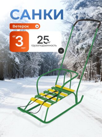 Санки Ветерок, В2/З2, металлическая спинка, ручка, зеленые, Nika