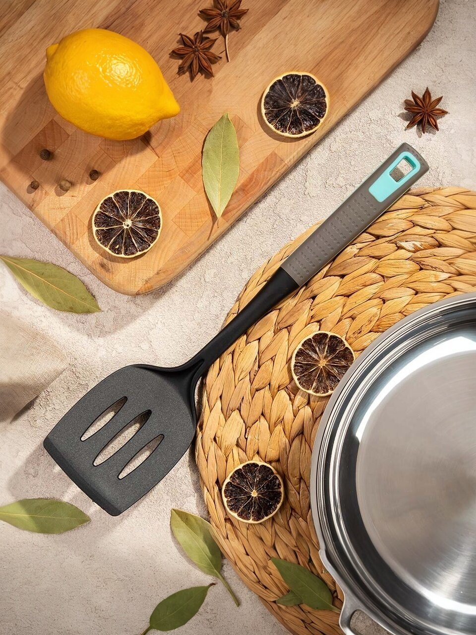 Лопатка кулинарная нейлон, 34.5 см, с прорезями, навеска, Daniks, Грей, Y4-4957