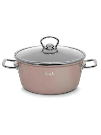 Кастрюля эмалированная сталь, 3.5 л, крышка стекло, ручки хром, RasheL, R2022, кремово-розовая, индукция