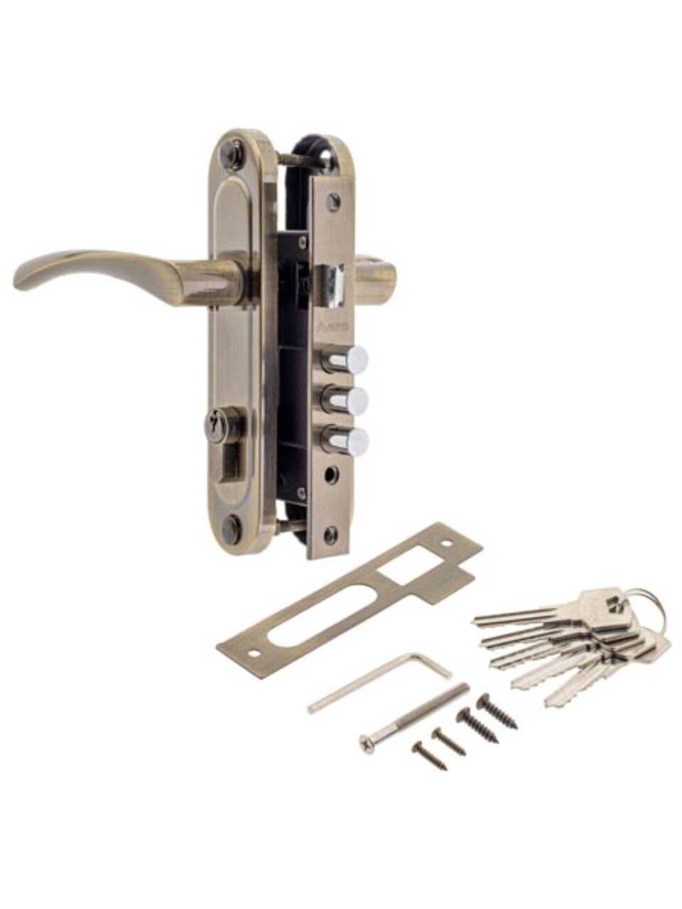 Замок врезной Avers, 1023/60-AB, 28068, ручка в комплекте, цилиндровый, универсальный, бронза