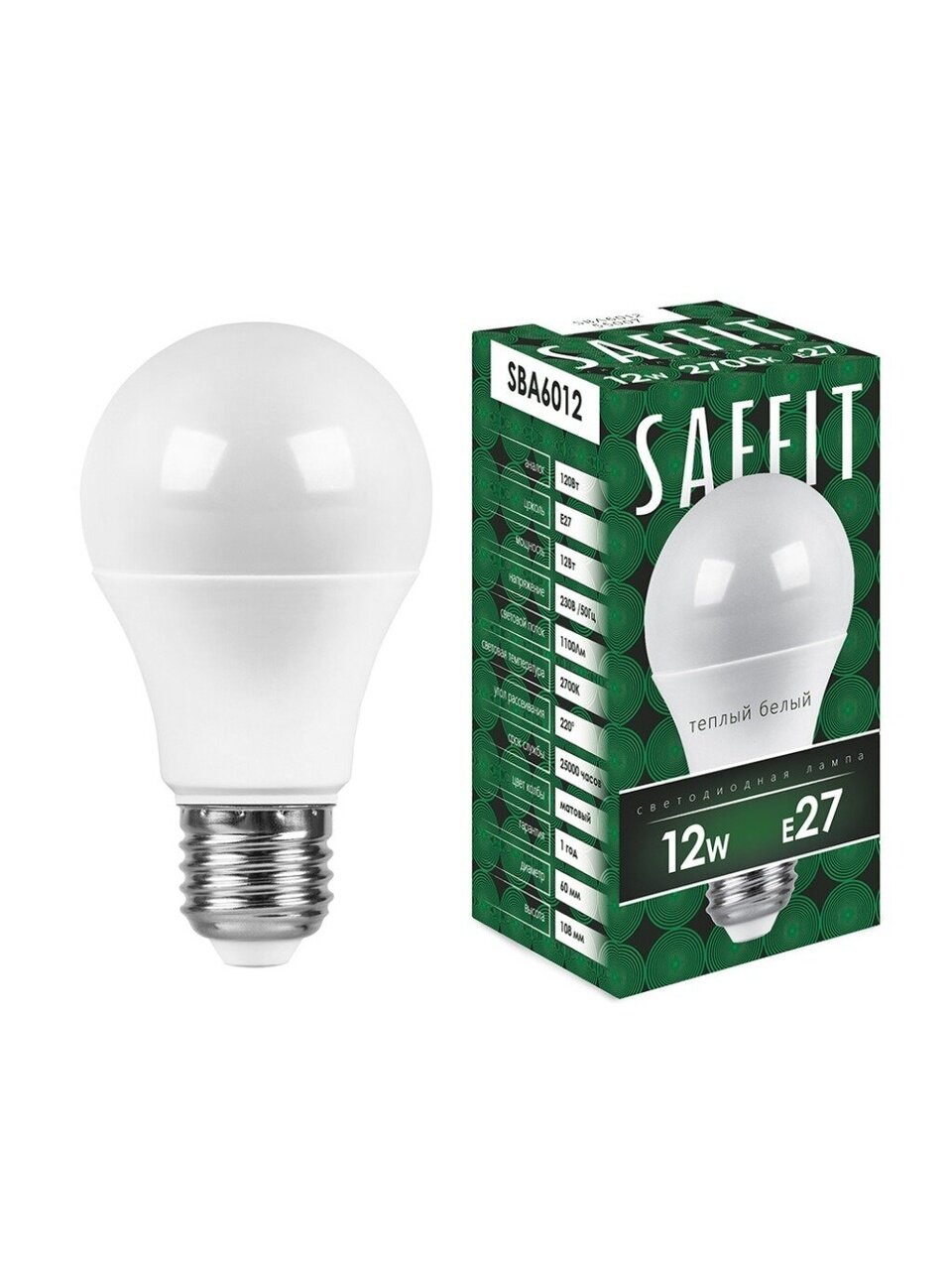 Лампа светодиодная E27, 12 Вт, 120 Вт, 230 В, груша, 2700 К, теплый белый свет, Saffit, CBA6012, A60, 55007