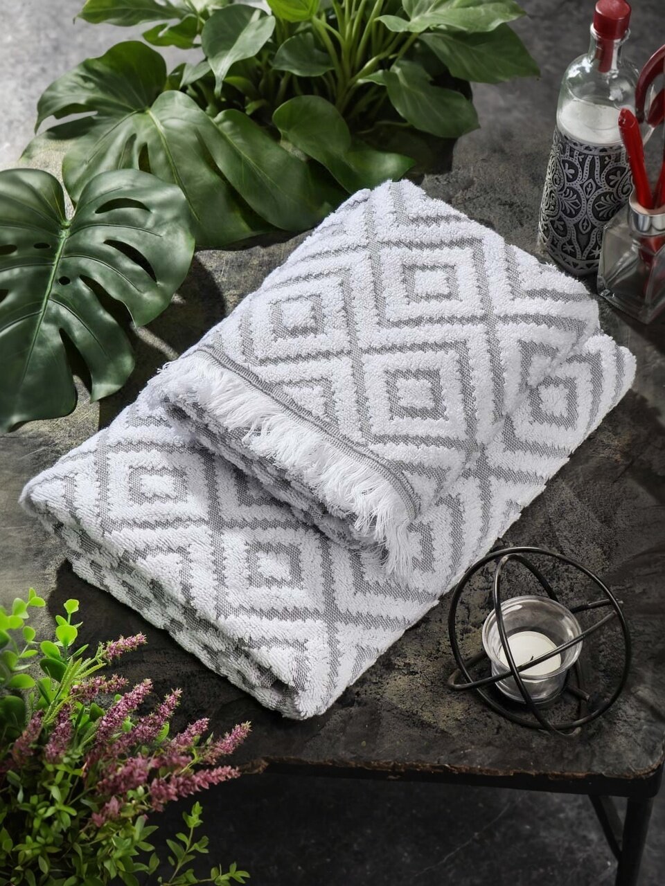 Полотенце банное 50х90 см, 100% хлопок, 500 г/м2, Бахор, серо-голубое, Узбекистан