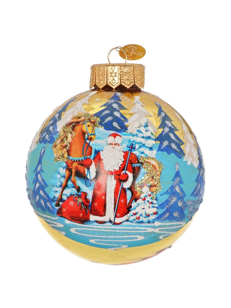 Елочный шар Дед Мороз и лошадка, 10 см, стекло, КУ-100-254024