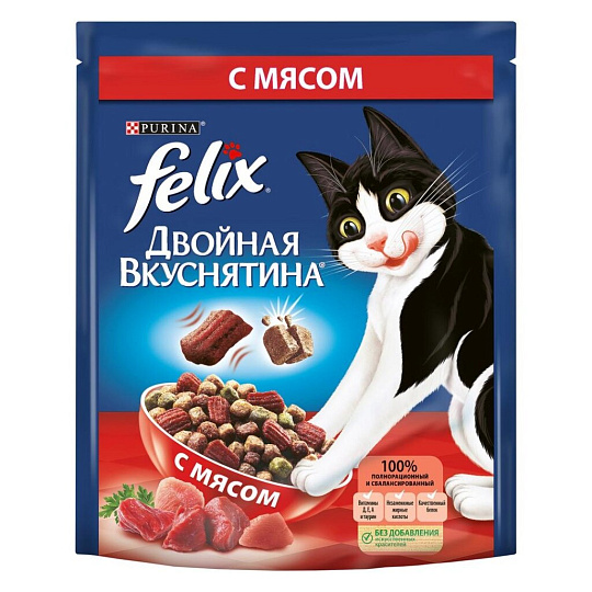 Корм для животных Феликс, Двойная вкусятина, 300 г, для взрослых кошек, сухой, мясо, пакет, 0042044031