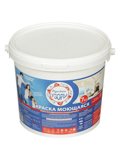 Краска водно-дисперсионная, Русские узоры, полиакриловая, универсальная, моющаяся, влагостойкая, матовая, 7 кг