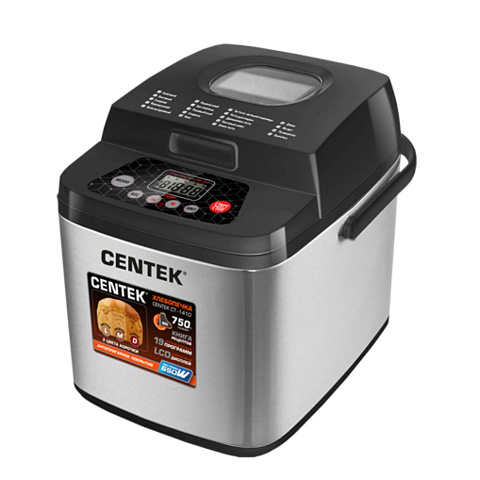 Хлебопечка Centek, CT-1410, 650 Вт, 19 программ, вес хлеба 0.75 кг, LCD, окошко, нержавеющая сталь, черная
