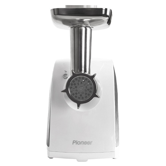 Мясорубка электрическая Pioneer, MG109, 1800 Вт, реверс, 1.8 кг/мин, металл, пластик, 4 насадки, для колбасок, терки, с отсеком для хранения насадок, белая