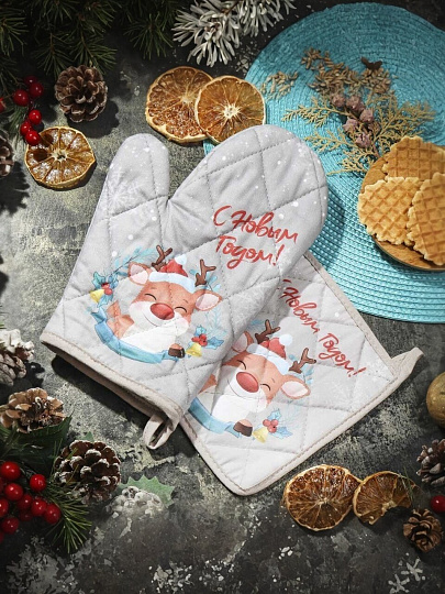 Набор кухонный 2 шт, 18х26 см + 18х18 см (варежка, прихватка), 100% хлопок, Праздничный олень
