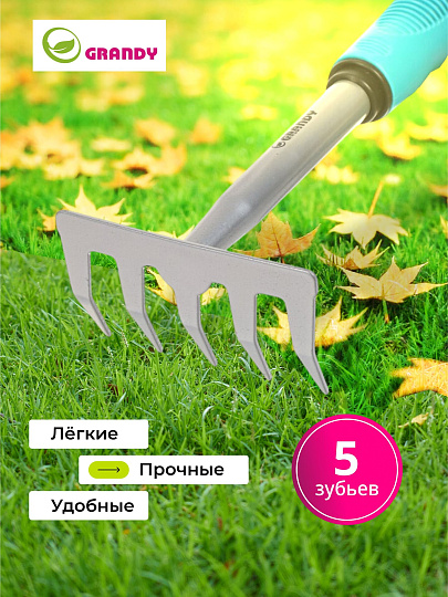 Грабли прямые, 5 зуб, сталь, 11.5 см, Grandy, Connect, черенок пластиковый